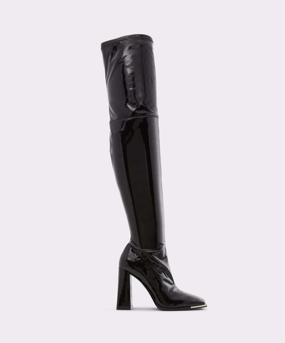 ALDO Black Patent Leather Knee High Boots Square Toe Block Heel Size 8.5 Y2K